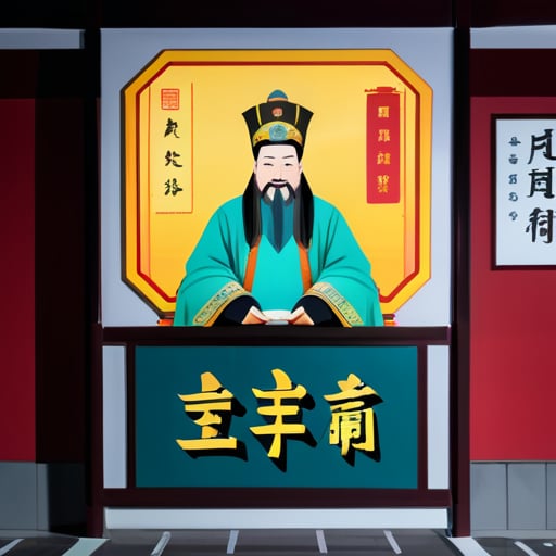 In the middle of a highway entrance sits an ancient Chinese emperor named Qin Shi Huang next to a screen displaying three letters "ETC." sticker