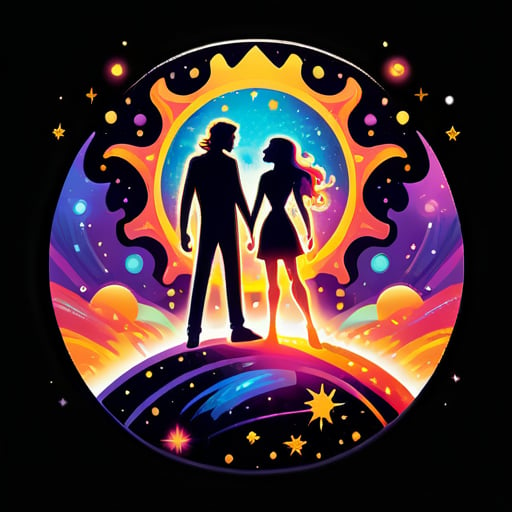 宇宙背景下有两个太阳与若干星辰，每个太阳上站着一个人，两个人在对视，每个人的身上都有彩色的火焰环绕，一个男人和一个女人 sticker