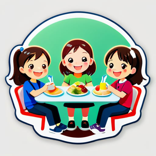 Grundschulkinder, die glücklich zusammen sitzen und Mittagessen essen sticker