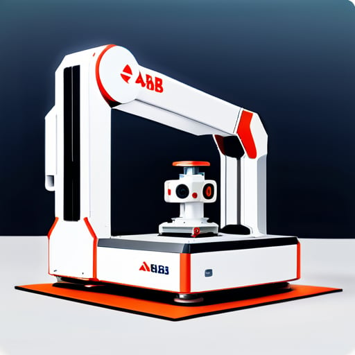 O menor robô industrial de 6 eixos da marca ABB para treinamento prático em aplicações e faculdades técnicas, com suporte de alumínio do tamanho de uma mesa na parte inferior, o robô de 6 eixos no meio, com módulos de alimentação, empilhamento, montagem, soldagem e outros ao redor do robô. sticker