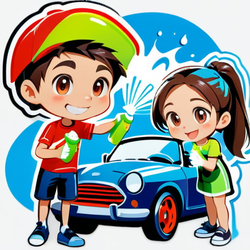 洗車場的logo，一個男生拿著水槍清洗著汽車，還有女生拿著布子準備擦，汽車洗得特別乾淨，仔細 sticker