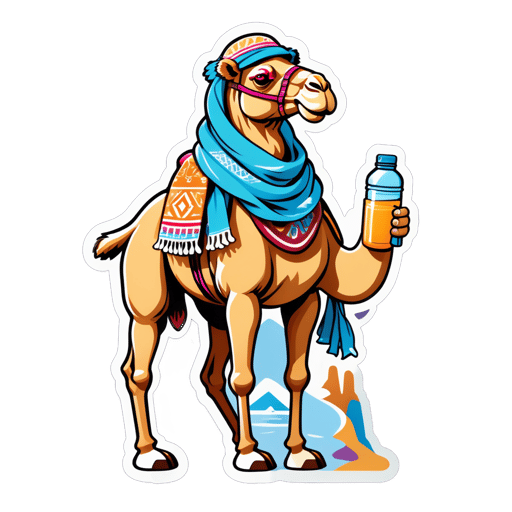 Ein Kamel mit einer Wasserflasche in der linken Hand und einem Wüstenschal in der rechten Hand sticker