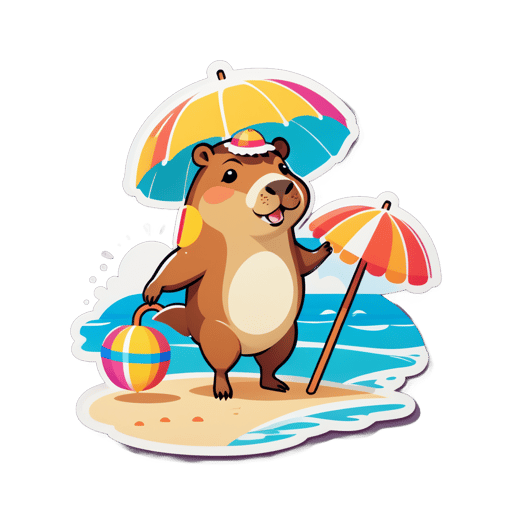 Un capybara avec une bouée dans sa main gauche et un parasol dans sa main droite sticker