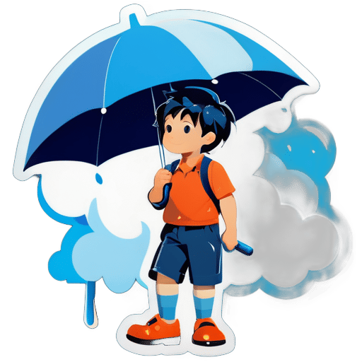 Side view, a little boy holding an umbrella, with a cloud above the umbrella, raining blue sticker