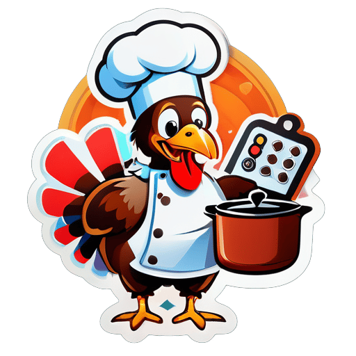 A turkey with a chef hat in its left hand and a cooking timer in its right hand sticker sticker