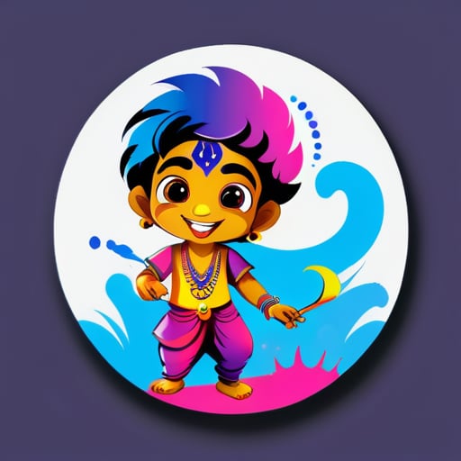 haz una foto de Krishna con un niño llamado Aman jugando Holi sticker