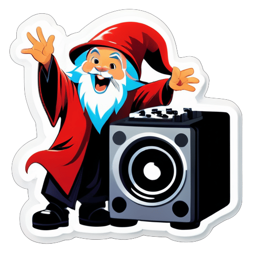 generate a sticker with a wizard climbing on a sound system and singing in a comic style sticker