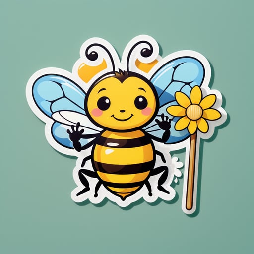 Une abeille avec une fleur dans sa main gauche et une cuillère à miel dans sa main droite sticker