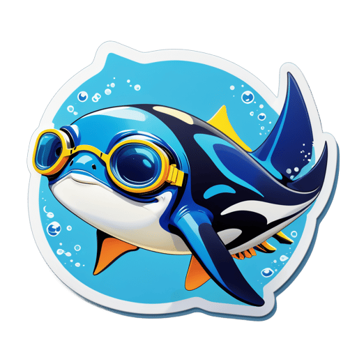 A manta ray with a pair of goggles in its left hand and a swim fin in its right hand sticker