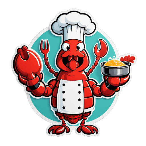 Uma lagosta com um avental de chef na mão esquerda e uma panela de cozimento na mão direita sticker