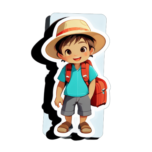 A little boy, wearing a hat and travel clothes, is ready to go on a trip sticker