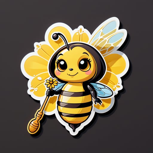 A bee with a flower in its left hand and a honey dipper in its right hand sticker