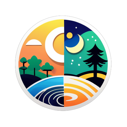 Create a logo image composed of the Yin and Yang Bagua, including elements such as the sun, moon, trees, tall buildings, and lakes, with a very simple and clear style. sticker