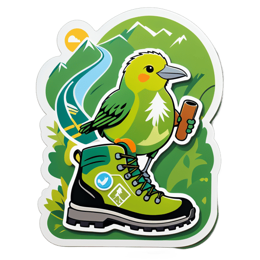 Un oiseau kiwi avec une chaussure de randonnée dans sa main gauche et une carte de sentier dans sa main droite sticker