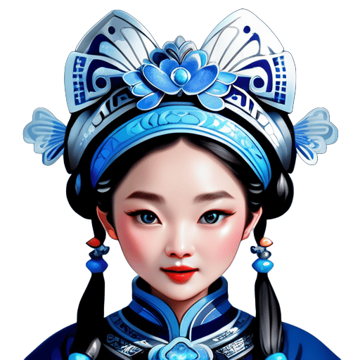 一位美麗的中國女孩戴著古老的銀帽，嘴裡含著藍色蝴蝶，用一隻手觸摸鼻尖，穿著中國貴州省白朗村苗族風格的服裝，展現複雜的細節、精美的圖案和藍色背景，打造時尚的攝影風格。--ar 3:4 sticker