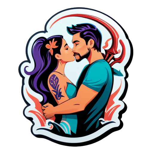 男子身上有海魔戟纹身，正在亲吻一个女孩 sticker