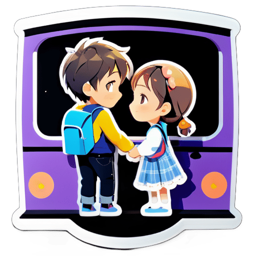 Um menino segurando a mão de uma garota fofa em um trem expressando seu amor um pelo outro e o lugar é bastante sticker