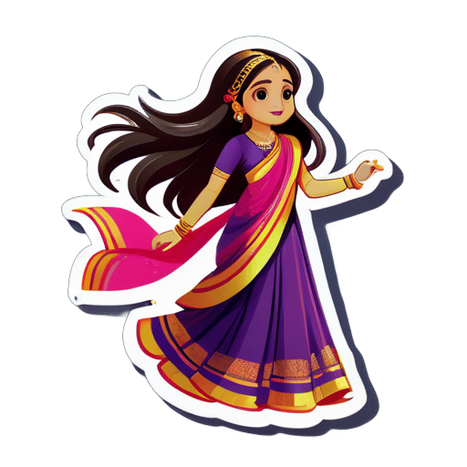 une fille mince portant un sari et ayant de longs cheveux marchant sur un autocollant de scène sticker