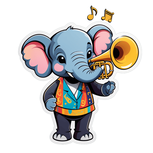 Um elefante com uma trombeta na mão esquerda e partitura na mão direita sticker