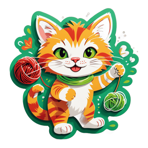 Gato feliz con ovillo: peludo gato atigrado de color naranja, ojos verdes brillantes, juguetón con ovillo rojo. sticker