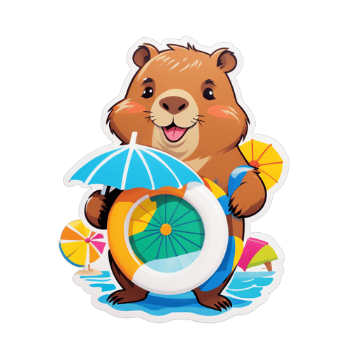 A capybara with a swimming ring in its left hand and a beach umbrella in its right hand sticker