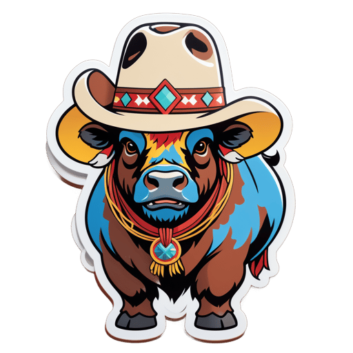 Un búfalo con un sombrero del Oeste en su mano izquierda y un lazo en su mano derecha sticker