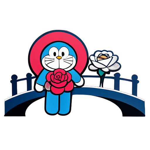 doraemon avec une rose et marchant sur un pont sticker