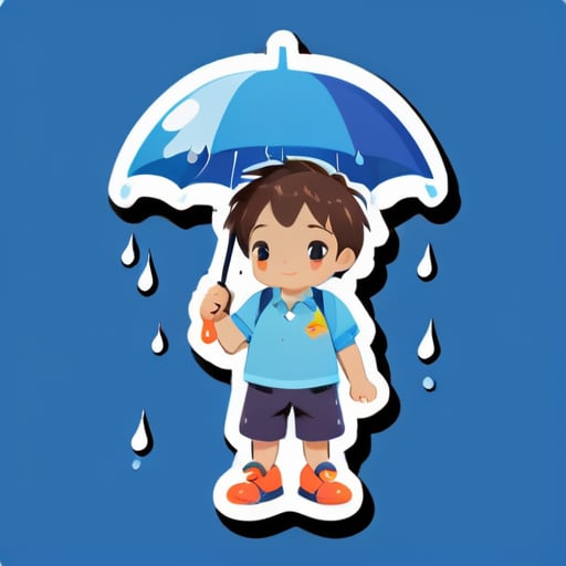 한 소년이 우산을 들고 있고, 우산 위에 작은 구름이 있으며 파란 비가 내린다 sticker