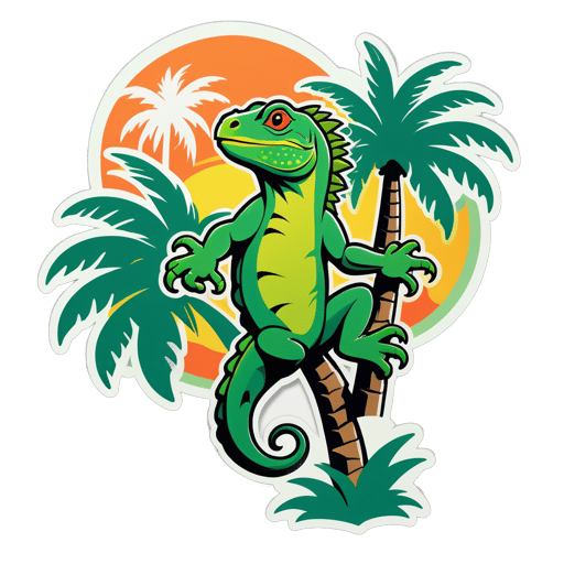 Iguana verde escalando una palmera sticker