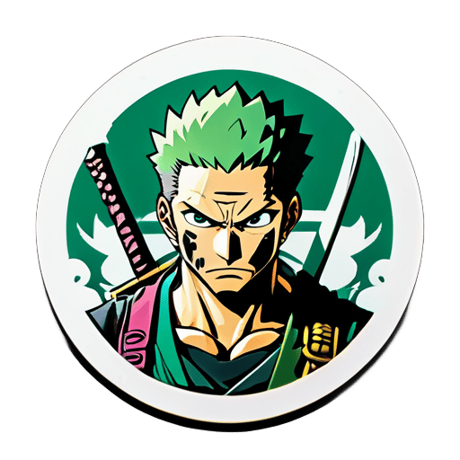Zoro, fierce gaze and swords drawn, faces trials of valor, loyalty, and strength amidst epic adventures across perilous lands. sticker