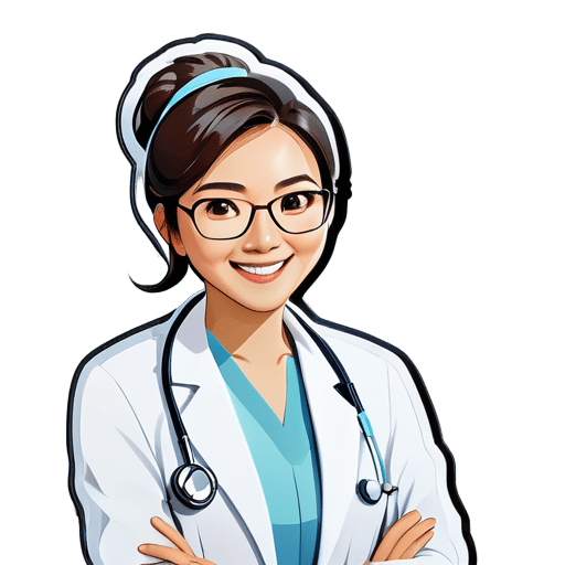 Using a professional image of an Asian female doctor as the profile picture, wearing formal doctor's uniform or white coat, smiling, wearing glasses, showing confidence and friendliness of a doctor. The background color of the photo is light blue. sticker
