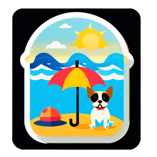 пляж, море , собака и зонтик sticker