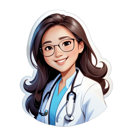 Verwenden Sie ein Cartoon-Bild einer chinesischen Ärztin als Profilbild, die formelle Arztkleidung oder einen weißen Kittel trägt, lächelt, langes welliges Haar hat, ein Stethoskop um den Hals trägt, die Arme vor der Brust verschränkt, eine Brille trägt und das Selbstbewusstsein und die Zugänglichkeit eines Arztes zeigt. Der Hintergrund des Bildes ist hellblau. sticker