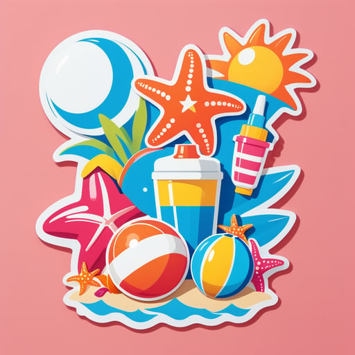 Một con sao biển cầm một quả bóng biển trong tay trái và một chai kem chống nắng trong tay phải sticker