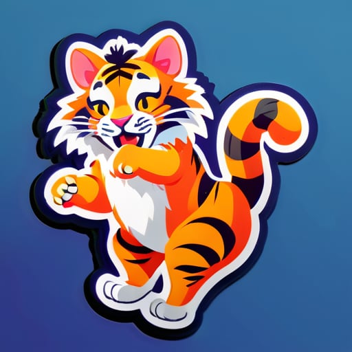 a cat dancing on head of tiger sticker