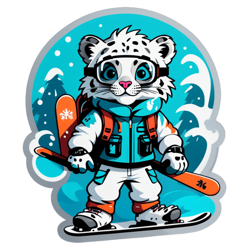 一隻雪豹，左手拿著滑雪護目鏡，右手拿著滑雪板 sticker