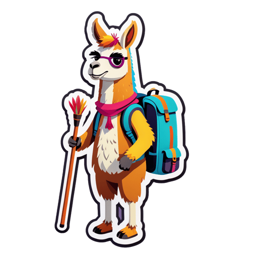 Un lama avec un sac à dos dans sa main gauche et un bâton de marche dans sa main droite sticker