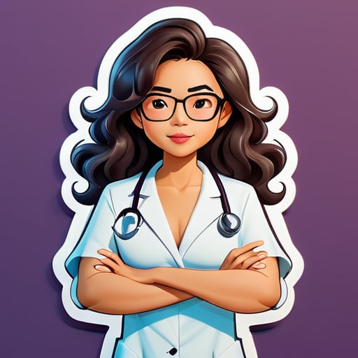 Médica asiática con cabello ondulado, sin sombrero, con gafas, cuerpo desnudo, manos cruzadas sobre el pecho, imagen de caricatura sticker