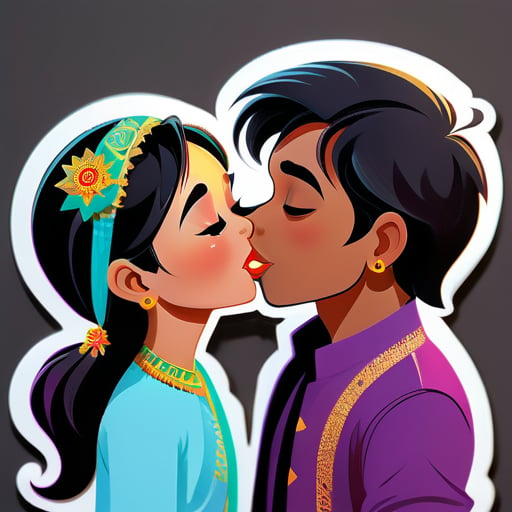 缅甸女孩名叫Thinzar，爱上了一个名叫王子的印度小伙子，他们正在接吻 sticker