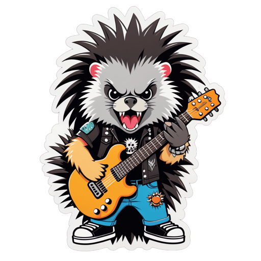 Un puercoespín con una guitarra de punk rock en su mano izquierda y un micrófono en su mano derecha sticker