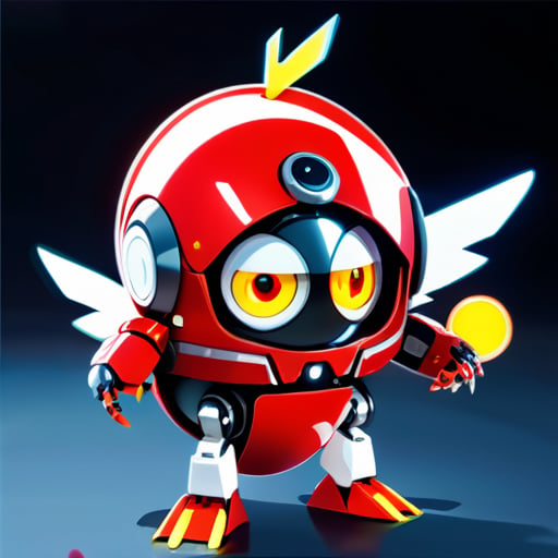best quality，A robot，mecha，single person，non humanoid robot，designed to， resemble an angry bird，with an egg shaped mechanical head，a red and white， robot，mechanical legs and arms connected to the head，a fingerless mechanical， arm，no body parts，high reflection surface，black optical lens shaped eyes， with aluminum alloy ring，reflective eyes,
 sticker