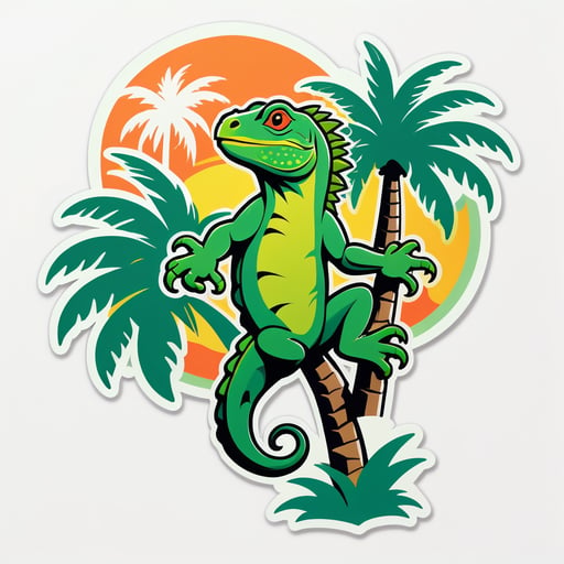 Iguana verde escalando una palmera sticker