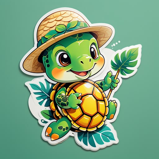 Uma tartaruga com uma folha na mão esquerda e um chapéu de palha na mão direita sticker