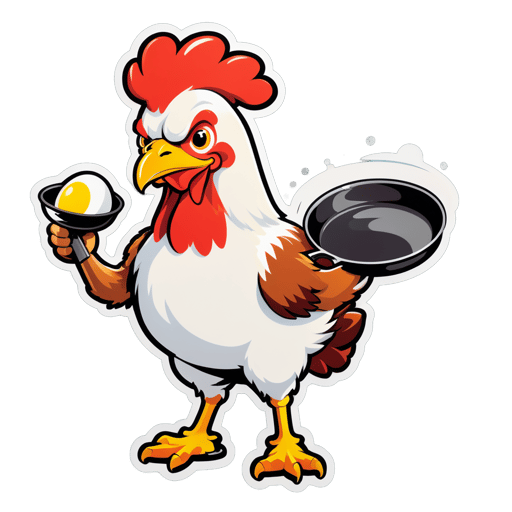 Un pollo con un huevo en su mano izquierda y una sartén en su mano derecha sticker