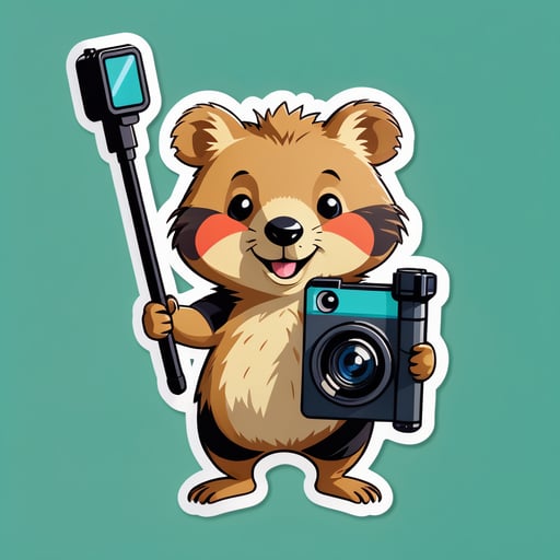 A quokka with a selfie stick in its left hand and a camera in its right hand sticker