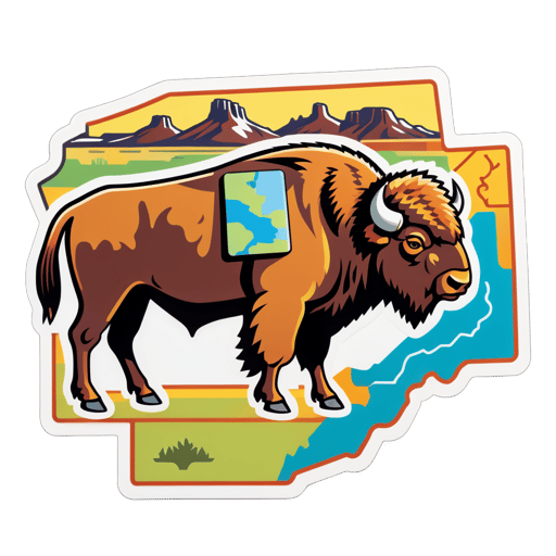 Un bison avec une selle de style Western dans sa main gauche et une carte de la prairie dans sa main droite sticker