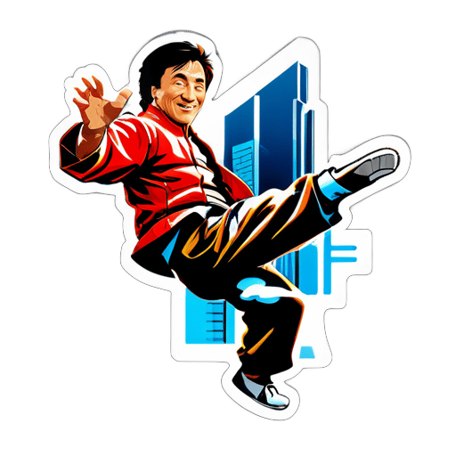Le célèbre acteur d'arts martiaux Jackie Chan saute d'un gratte-ciel. sticker