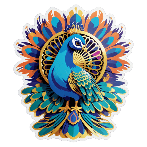 A peacock with a feather fan in its left hand and a mirror in its right hand sticker