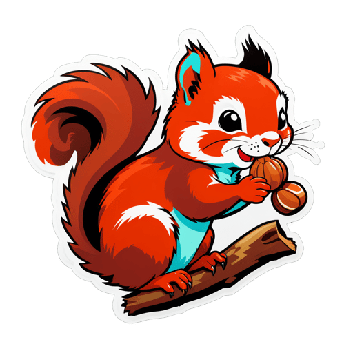 Ardilla roja comiendo nueces en una rama sticker