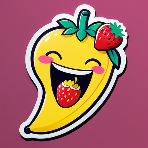 dibuja un plátano riendo al mismo tiempo que come una fresa, coloca la fresa un poco dentro de la boca sticker